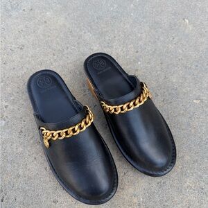 Tory Burch Black Leather Mules with Gold Chain